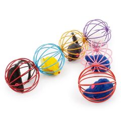 Renkli Metal Kafesli Peluş Fareli Kedi Köpek Oyuncağı Oyun Topu 6 cm (4944)