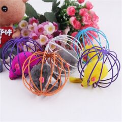 Renkli Metal Kafesli Peluş Fareli Kedi Köpek Oyuncağı Oyun Topu 6 cm (4944)