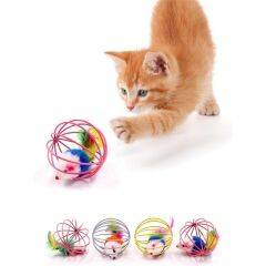 Renkli Metal Kafesli Peluş Fareli Kedi Köpek Oyuncağı Oyun Topu 6 cm (4944)