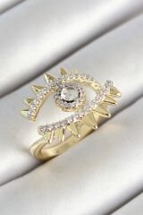 Pirinç Göz Figürlü Zirkon Taşlı Gold Renk Ayarlanabilir Kadın Yüzük - TJ-BYK3787