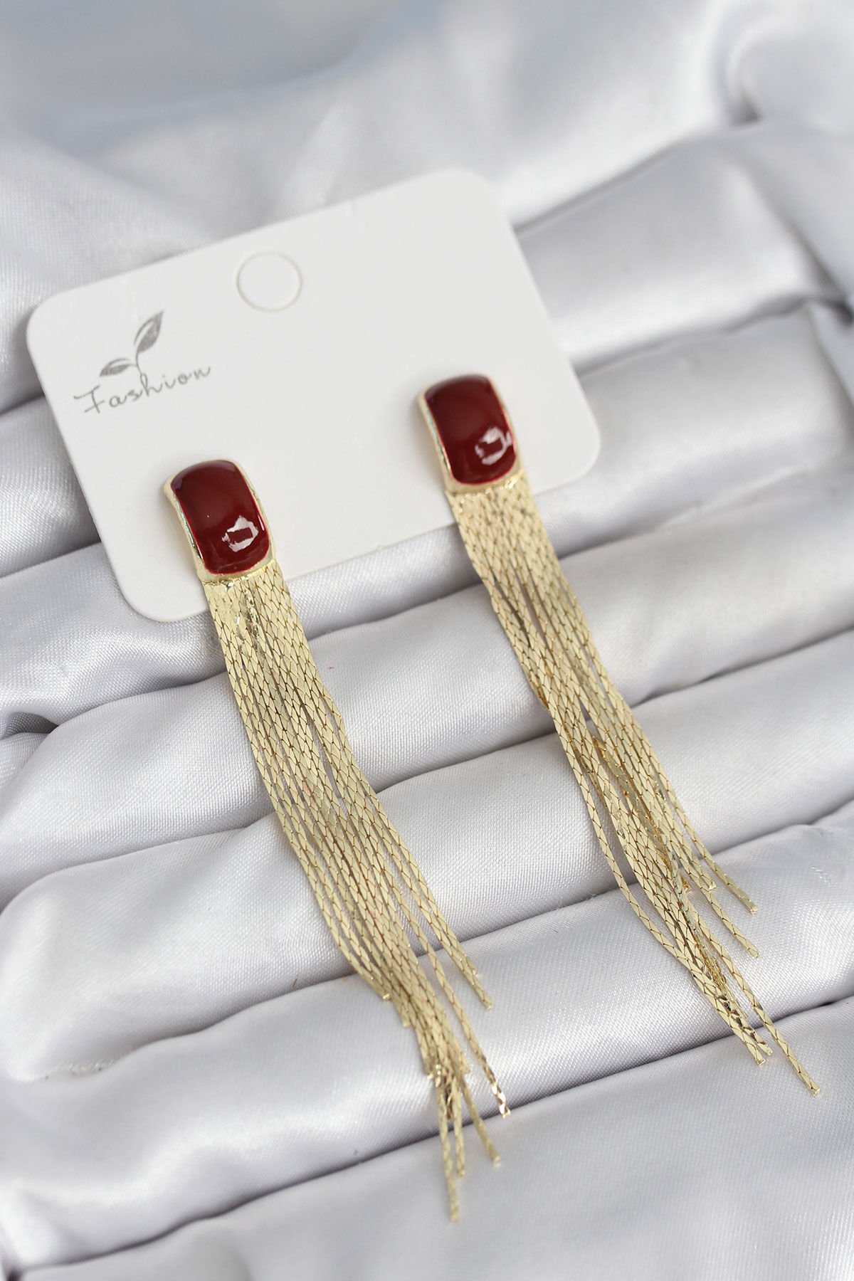 Sallantılı Bordo Mineli Gold Renk Kadın Küpe - TJ-BKP11306