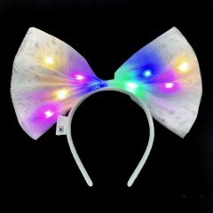 Rengarenk Led Işıklı Fiyonk Şekilli Tül Parti Tacı Beyaz Renk 25x25 cm (4944)