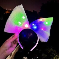 Rengarenk Led Işıklı Fiyonk Şekilli Tül Parti Tacı Beyaz Renk 25x25 cm (4944)
