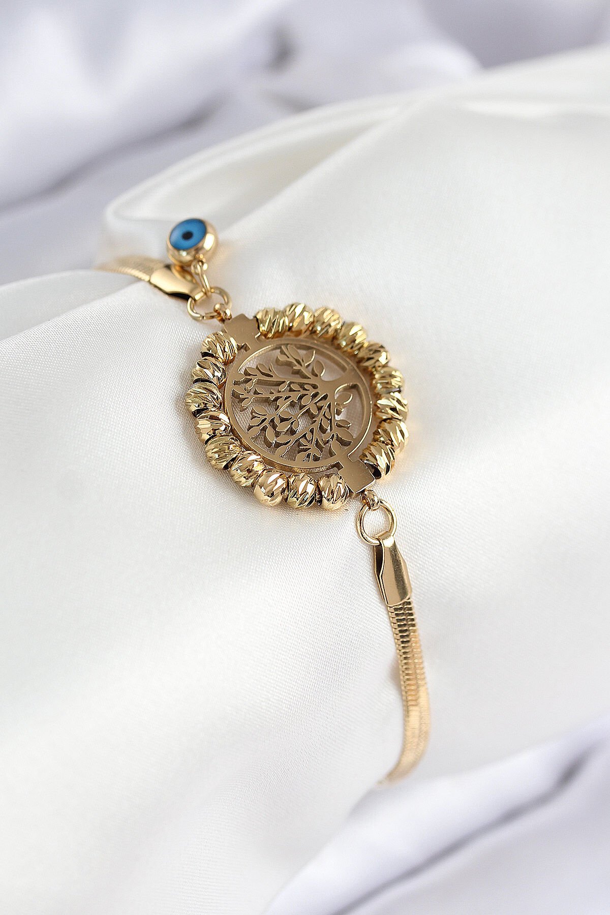 316L Çelik Nazar Boncuk Detaylı Hayat Ağacı Model İtalyan Zincir Gold Renk Kadın Bileklik - TJ-BB7827