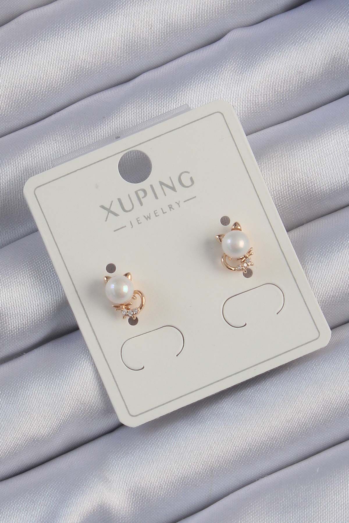 Xuping Rose Renk Zirkon Taşlı İncili Kedi Küpe - TJ-BKP9401
