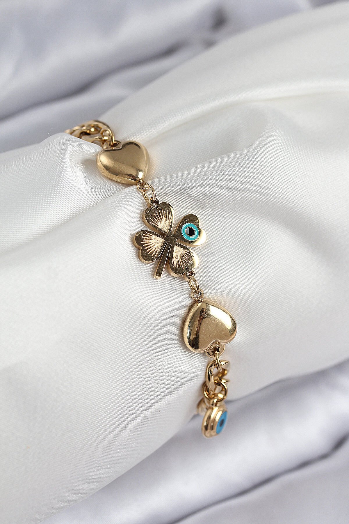 316L Çelik Nazar Boncuk Detaylı Yonca Model Gold Renk Kadın Bileklik - TJ-BB7832