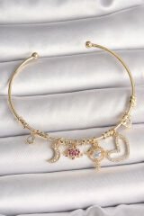 Pirinç Gold Renk Zirkon Taşlı Sallantı Gezegen Model Yıldız Detay Charm Kadın Bileklik - TJ-BB6892