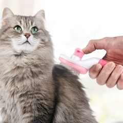 Kedi Köpek Tüy Toplayıcı Kendini Temizleyebilen Ergonomik Saplı Evcil Hayvan Tarağı Pembe (4944)