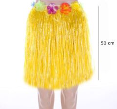 Yetişkin ve Çocuk Uyumlu Sarı Renk Püsküllü Hawaii Luau Hula Etek 50 cm