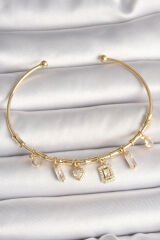 Pirinç Gold Renk Sallantı Zirkon Taşlı Kare Figür Kalp Detay Charm Kadın Bileklik - TJ-BB6895