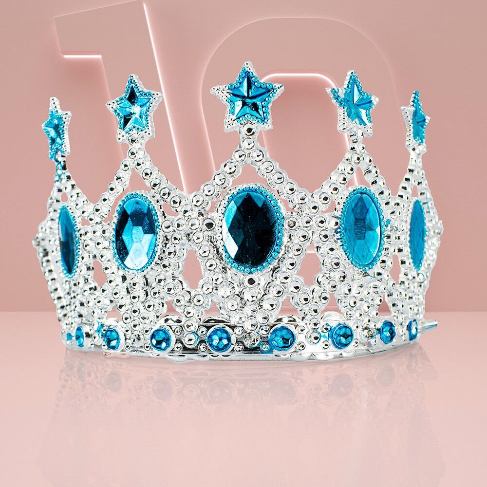 Çocuk Kraliçe Tacı - Mavi Yıldız İşlemeli Prenses Tacı 15x7 cm (4944)