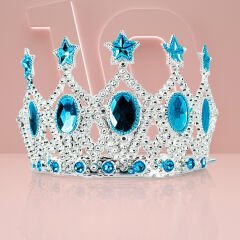 Çocuk Kraliçe Tacı - Mavi Yıldız İşlemeli Prenses Tacı 15x7 cm (4944)