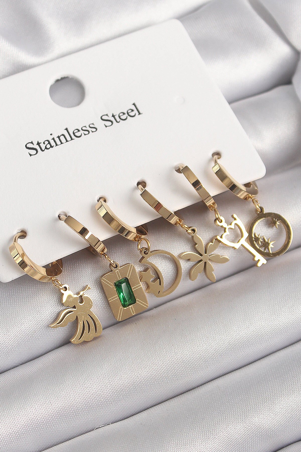 316L Çelik Gold Renk Sallantı Çoklu Figür Model Zirkon Taş Detaylı Kadın Küpe Seti - TJ-BKP10265