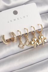 Pirinç Gold Renk Sallantı Zirkon Taşlı Yonca Model Kadın Küpe Seti - TJ-BKP10268