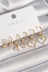Pirinç Gold Renk Sallantı Zirkon Taşlı Kalp Model Halka Detay Kadın Küpe Seti - TJ-BKP10278