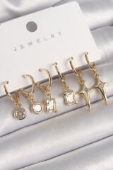 Pirinç Gold Renk Sallantı Kare Zirkon Taşlı Yıldız Model Kadın Küpe Seti - TJ-BKP10280