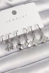 Pirinç Gümüş Renk Sallantı Zirkon Taşlı Yonca Model Topçuk Detay Kadın Küpe Seti - TJ-BKP10283