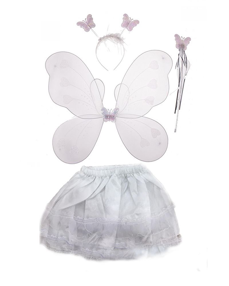 Beyaz Renk Etekli Kelebek Kanat Taç Asa Kostüm Seti