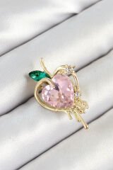 Pembe Ve Yeşil Zirkon Taşlı 3D Eriyen Kalp Figürlü Gold Renk Kadın Broş - TJ-BR438