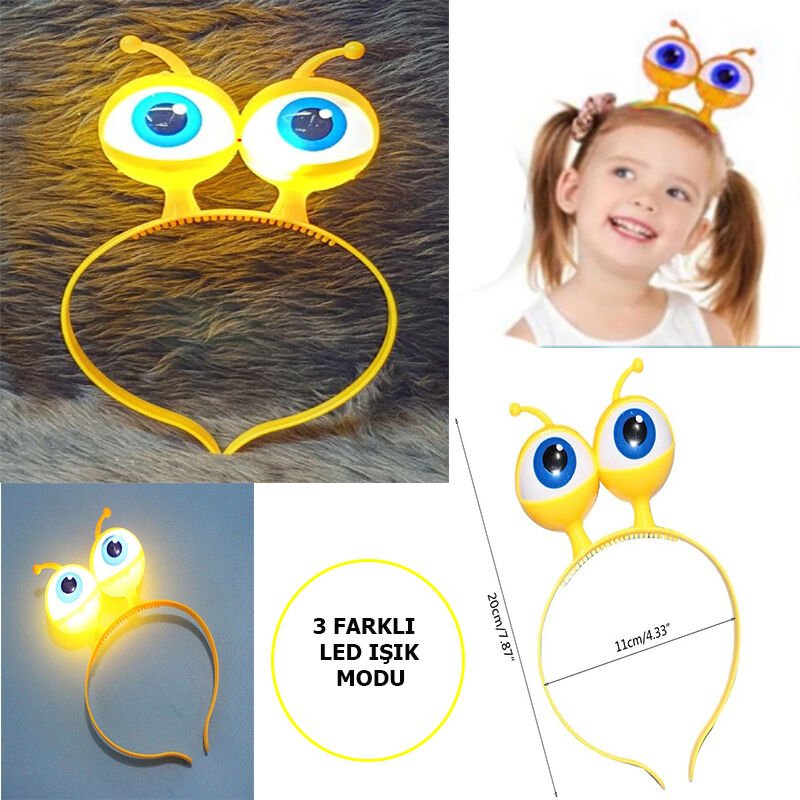 Led Işıklı &amp;amp; Pilli 3 Farklı Modda Yanan Uzaylı Göz Parti Tacı Sarı Renk 18x12 cm (4944)