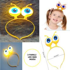 Led Işıklı &amp;amp; Pilli 3 Farklı Modda Yanan Uzaylı Göz Parti Tacı Sarı Renk 18x12 cm (4944)