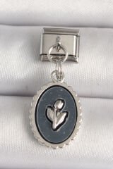316L Çelik Gümüş Renk Çiçek İşlemeli Siyah Portre Model Nomination Charm - TJ-BC1215