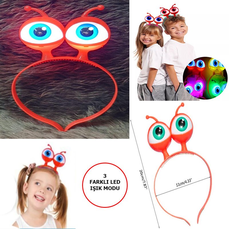 Led Işıklı &amp;amp; Pilli 3 Farklı Modda Yanan Uzaylı Göz Parti Tacı Kırmızı Renk 18x12 cm (4944)