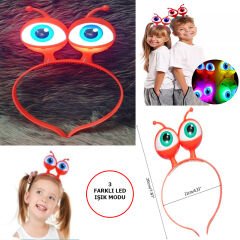Led Işıklı &amp;amp; Pilli 3 Farklı Modda Yanan Uzaylı Göz Parti Tacı Kırmızı Renk 18x12 cm (4944)