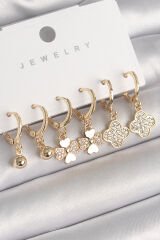 Pirinç Gold Renk Sallantı Zirkon Taşlı Yonca Model Topçuk Detay Kadın Küpe Seti - TJ-BKP10294