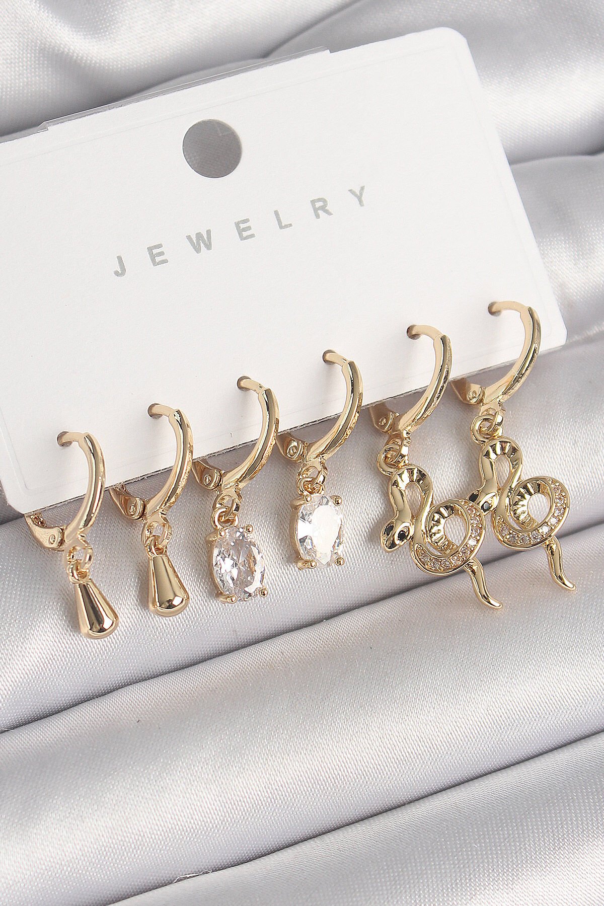 Pirinç Gold Renk Sallantı Zirkon Taşlı Yılan Model Kadın Küpe Seti - TJ-BKP10296