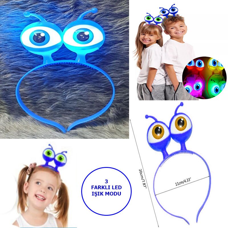 Led Işıklı &amp;amp; Pilli 3 Farklı Modda Yanan Uzaylı Göz Parti Tacı Mavi Renk 18x12 cm (4944)