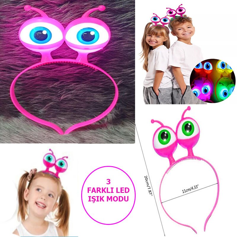 Led Işıklı &amp;amp; Pilli 3 Farklı Modda Yanan Uzaylı Göz Parti Tacı Pembe Renk 18x12 cm (4944)