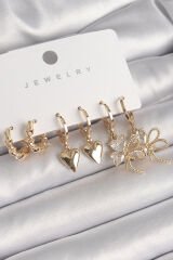 Pirinç Gold Renk Sallantı Zirkon Taşlı Düğüm Yonca Model Kalp Detay Kadın Küpe Seti - TJ-BKP10298