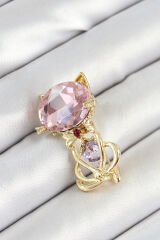 Pembe Zirkon Taşlı Kap Detaylı Kedi Figürlü Gold Renk Kadın Broş - TJ-BR447