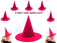Pembe Fuşya Renk Keçe Cadı Şapkası Yetişkin Çocuk Uyumlu 6 Adet
