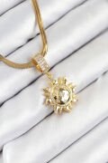 316L Çelik Zirkon Taşlı Güneş Model Gold Renk Kadın Kolye - TJ-BKO10535