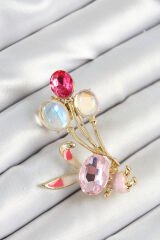 Zirkon Taşlı  Balonlu Pembe Tavşan Figürlü Gold Renk Kadın Broş - TJ-BR451