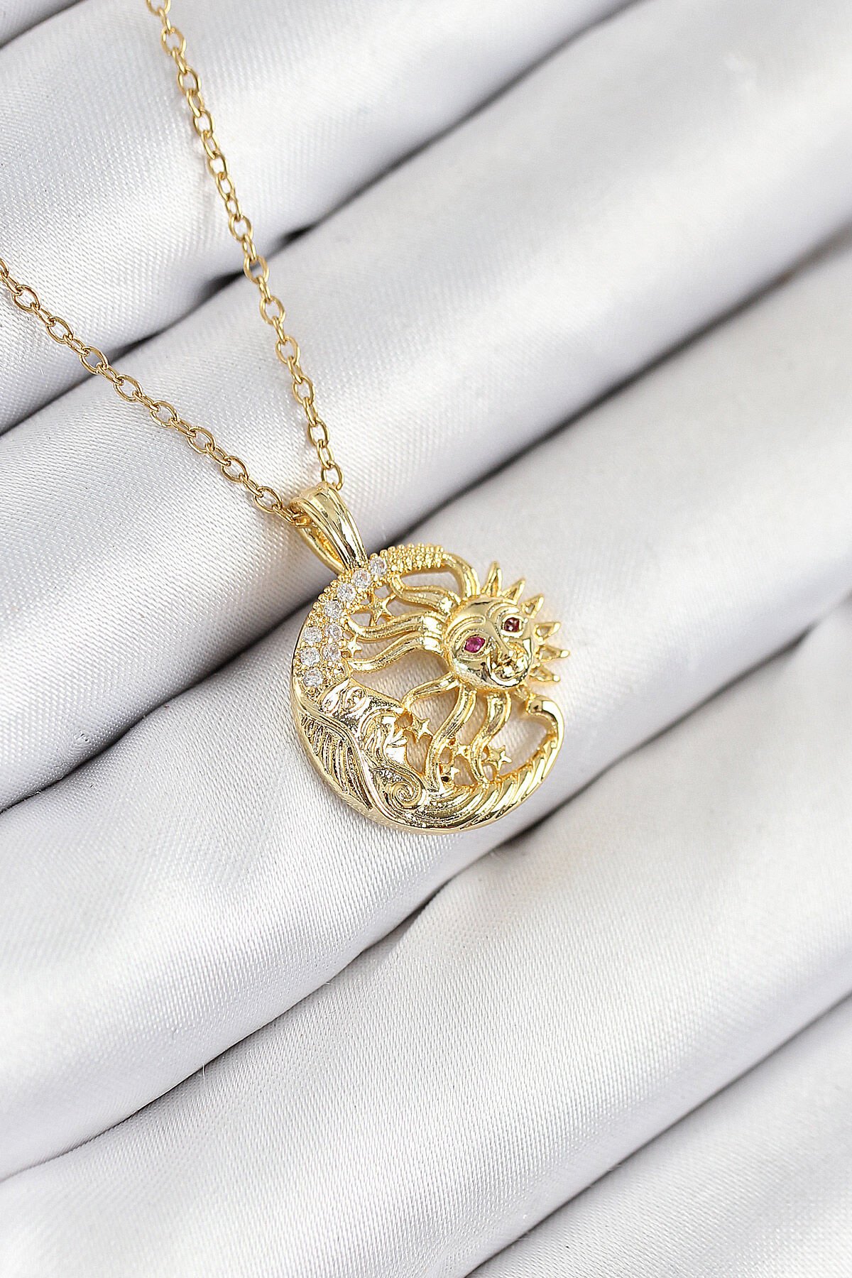 316L Çelik Zirkon Taşlı Ay Ve Güneş Model Gold Renk Kadın Kolye - TJ-BKO10538