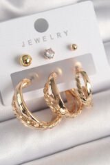 Pirinç Gold Renk 3'Lü Halka Model Zirkon Taş Topçuk Model Kadın Küpe Seti - TJ-BKP10312