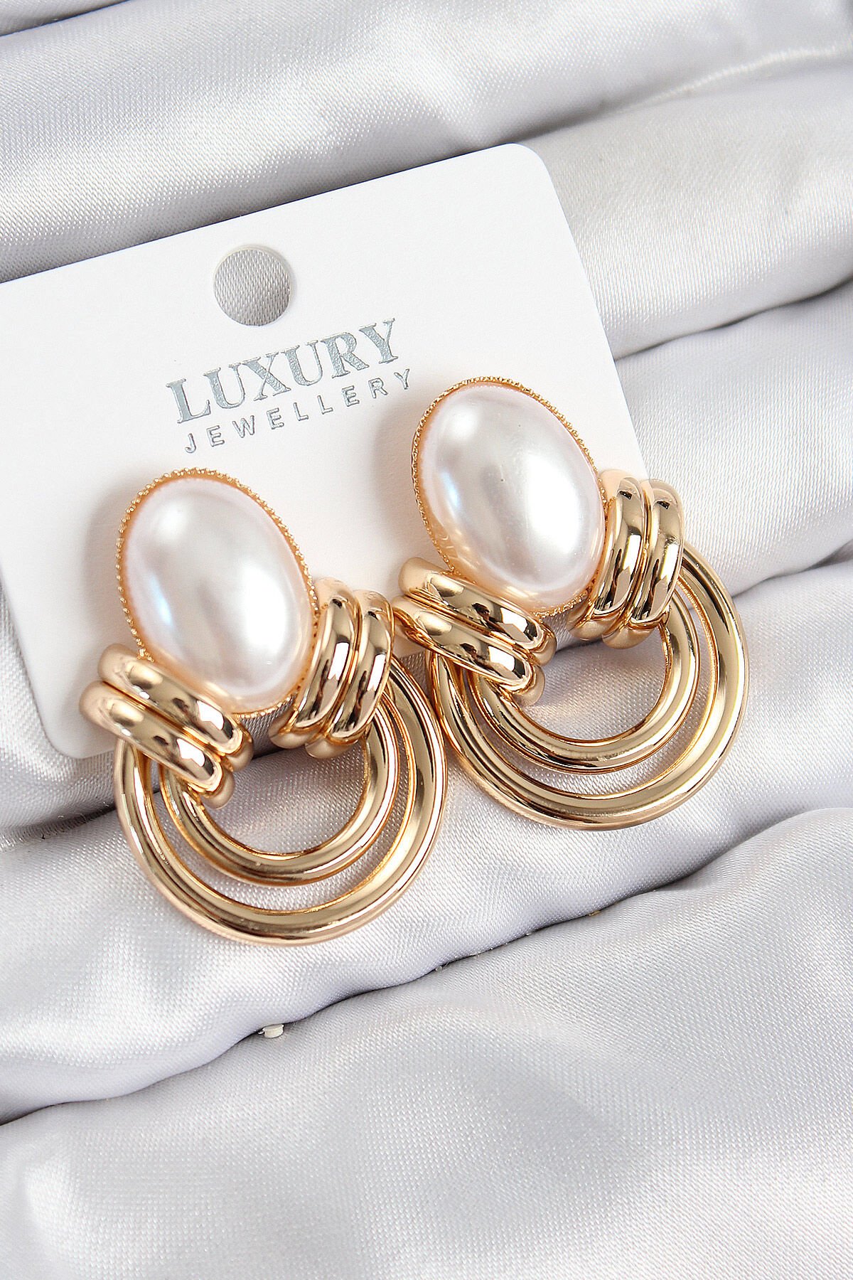 Pirinç İnci Detaylı Vintage Model Gold Renk Kadın Küpe - TJ-BKP11033