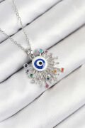 316L Çelik Zirkon Taşlı Nazar Model Gümüş Renk Kadın Kolye - TJ-BKO10543