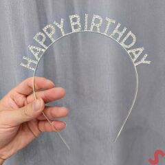 Gümüş Kristal Taşlı Happy Birthday Doğum Günü Tacı İthal Ürün A Kalite 17x16 cm (4944)