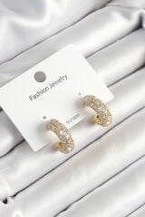 Pirinç Zirkon Taşlı Halka Model Gold Renk Kadın Küpe - TJ-BKP10634