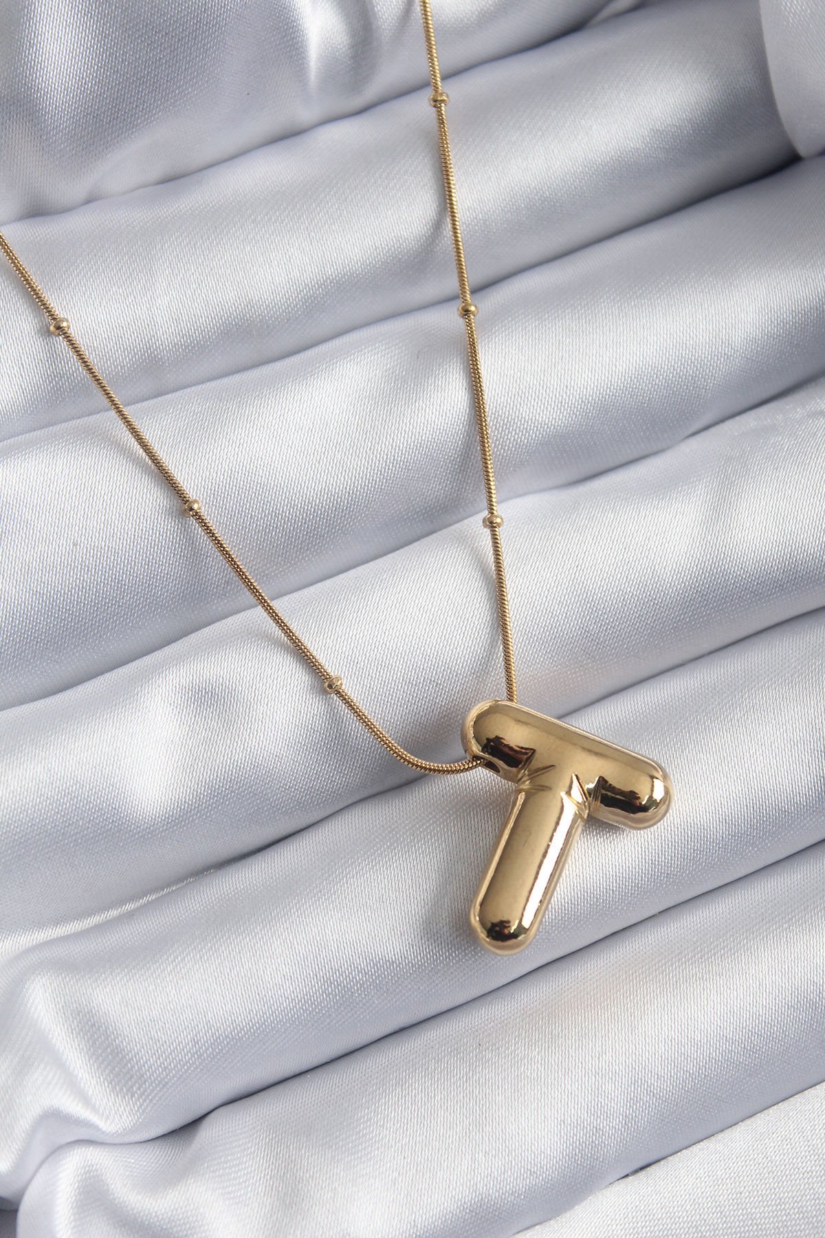 316L Çelik Gold Renk Bubble ''T'' Harf Model Kadın Kolye - TJ-BKO7955