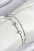 Pirinç Zirkon Taşlı Kalp Model Gümüş Renk Kadın Bileklik - TJ-BB7862