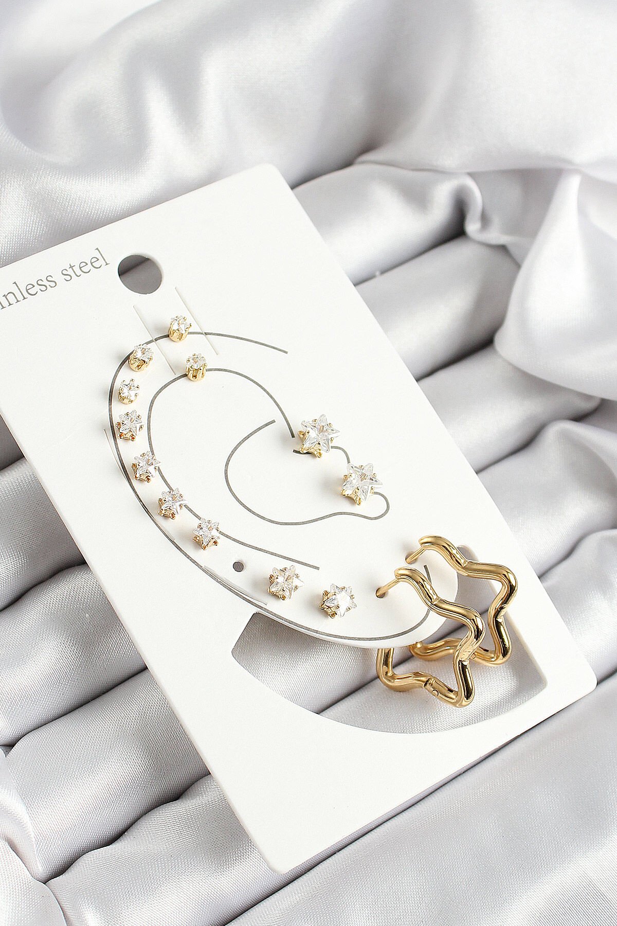 316L Çelik Yıldız Figürlü Ve Zirkon Taşlı Gold Renk 7'li Çift Kadın Küpe Set - TJ-BKP10640