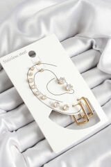 316L Çelik Dikdörtgen Figürlü Ve Zirkon Taşlı Gold Renk 7'li Çift Kadın Küpe Set - TJ-BKP10642
