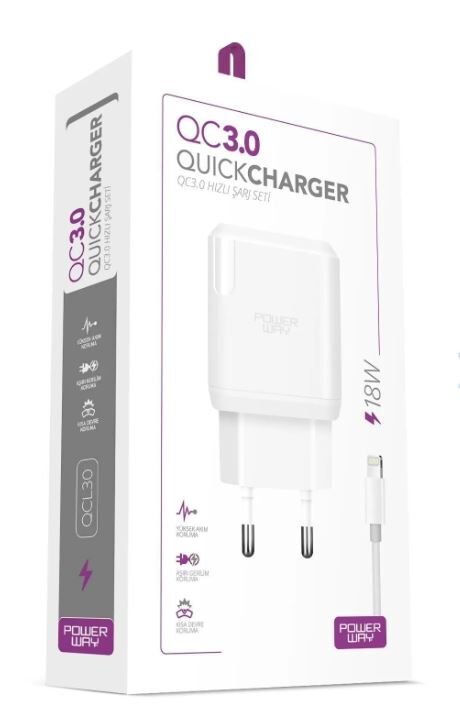 POWERWAY QCL30 HIZLI 3000 MA 18W LIGHTNING ŞARJ KAFA BAŞLIK ADAPTÖRÜ (4944)