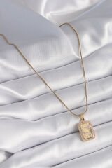 316L Çelik Gold Renk Zirkon Taşlı Yıldız İşleme Madalyon Kadın Kolye - TJ-BKO9520
