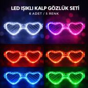 LED Işıklı Kalp Glow Pilli Parti Gözlüğü – 6 Adet / 5 Renk Set